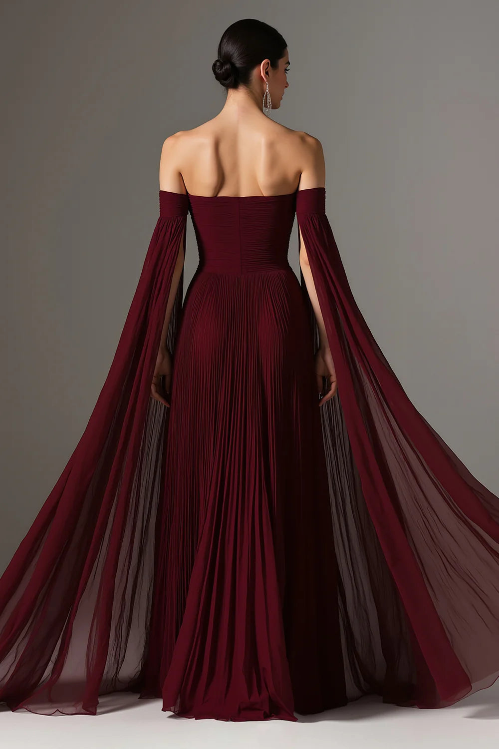 Burgundy Pleated Chiffon Off-the-Shoulder Cape Sleeve Maxi Evening Dresses