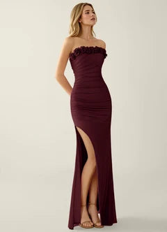 Burgundy Ruched Strapless Lace-Up Back Mermaid Evening Dresses