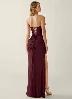 Burgundy Ruched Strapless Lace-Up Back Mermaid Evening Dresses