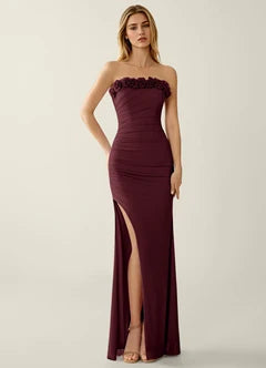 Burgundy Ruched Strapless Lace-Up Back Mermaid Evening Dresses