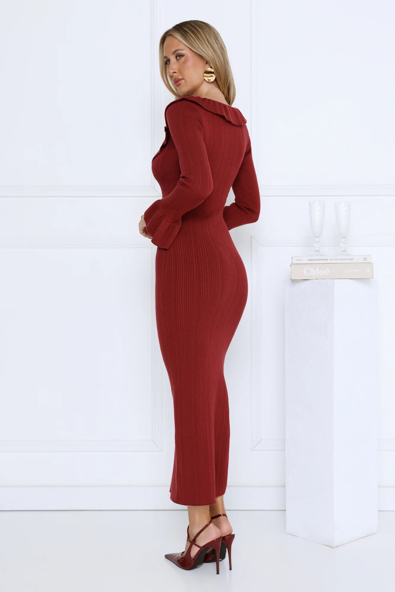 Burgundy Ruffle Collar Flare Cuff Ribbed Knit Bodycon Midi Evening Dress with Side Slit