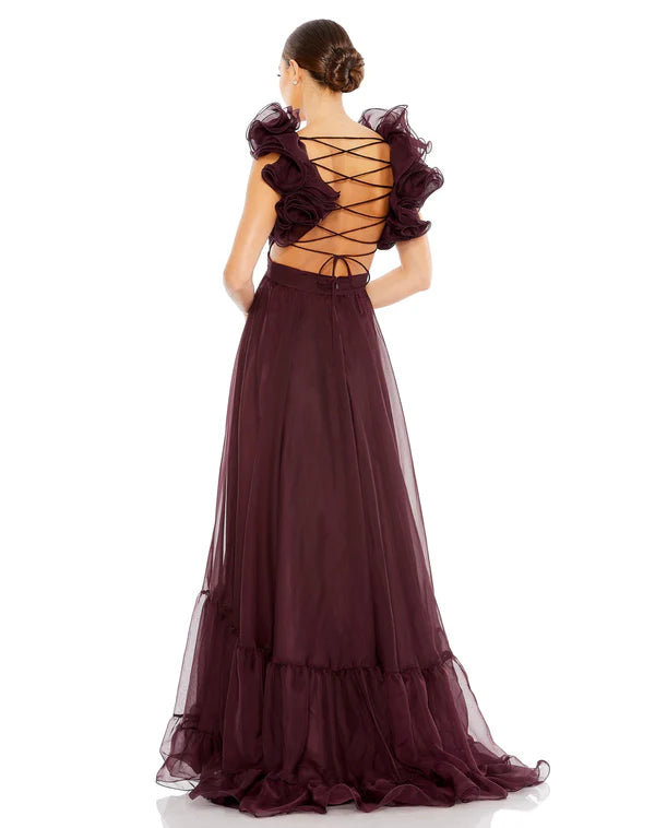 Burgundy Ruffle Shoulder Lace-Up Back Tiered Maxi Evening Dresses