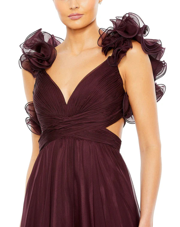 Burgundy Ruffle Shoulder Lace-Up Back Tiered Maxi Evening Dresses