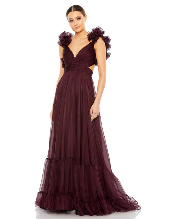 Burgundy Ruffle Shoulder Lace-Up Back Tiered Maxi Evening Dresses