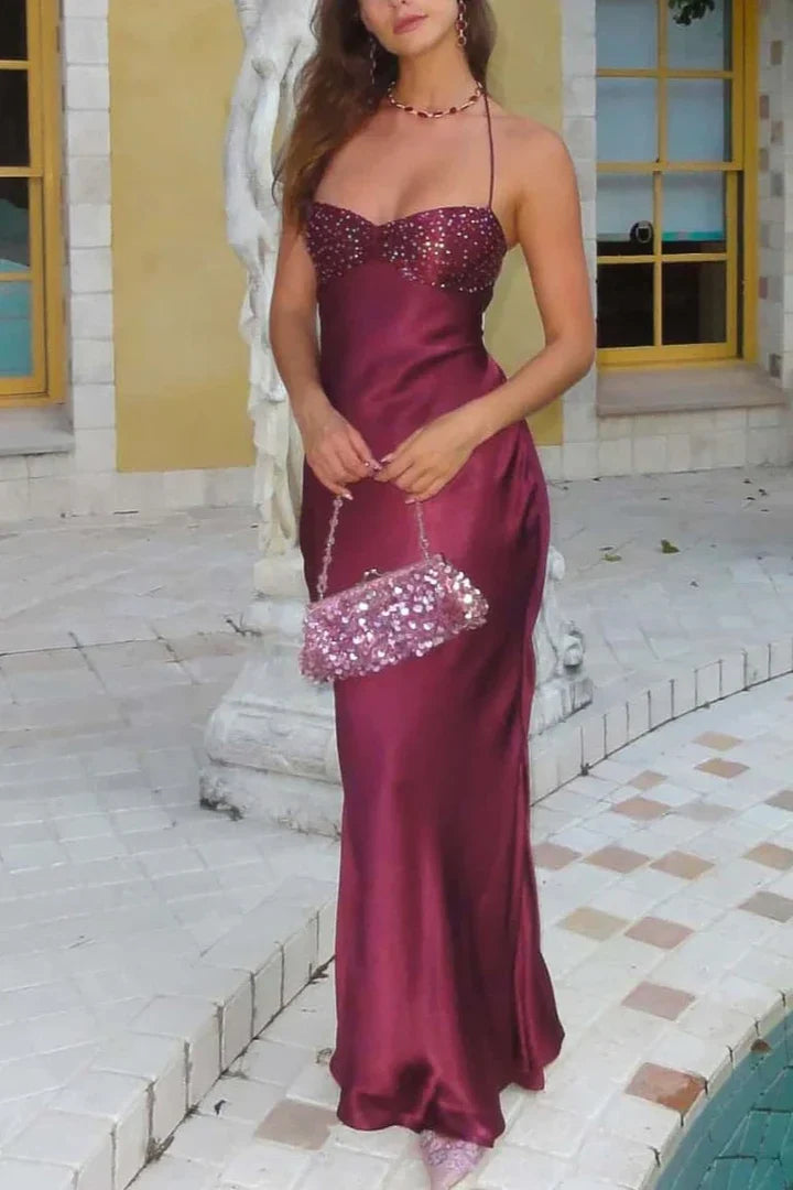 Burgundy Satin Beaded Halter Lace-Up Back Mermaid Prom Dress