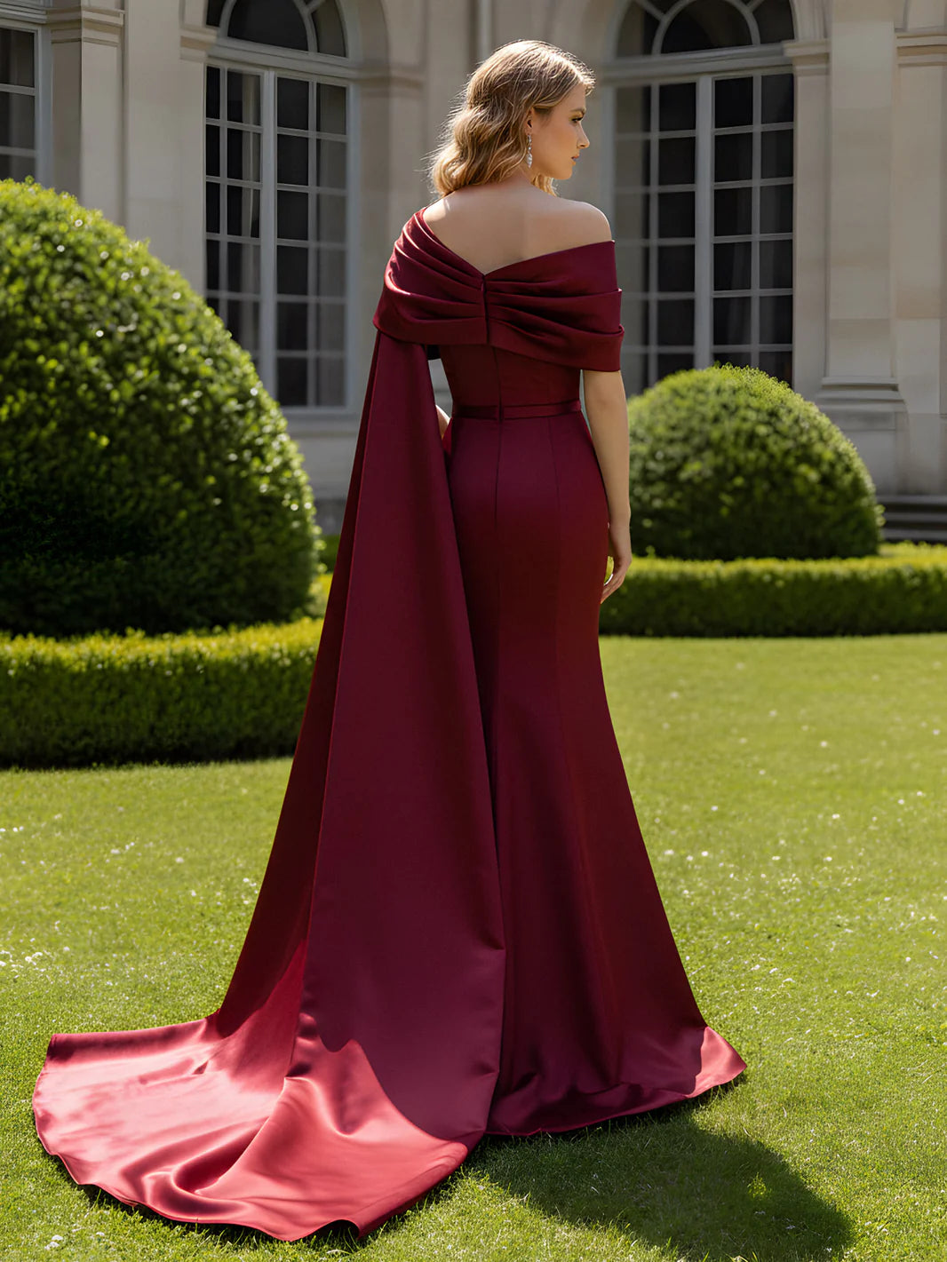 Burgundy Satin Draped Cape Sleeve High Slit Mermaid Evening Dresses