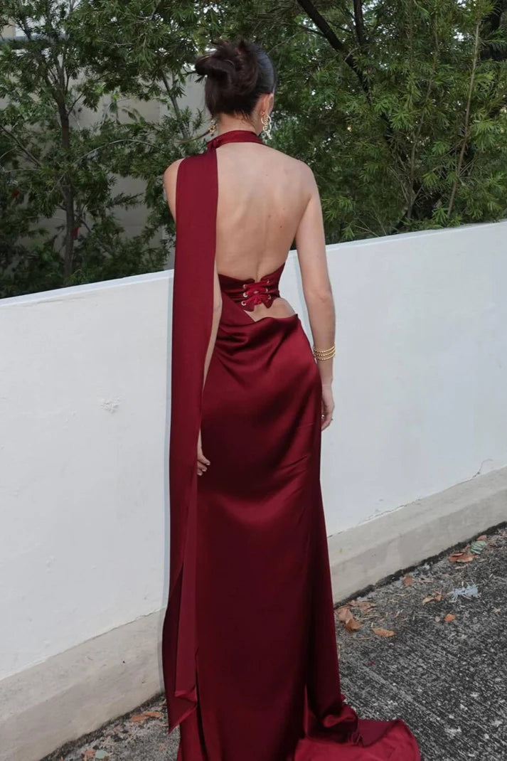 Burgundy Satin Halter Neck Cape Sleeve Mermaid Evening Dresses
