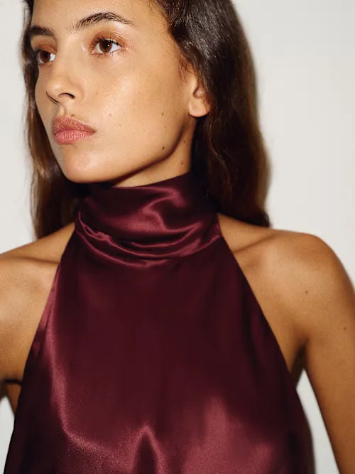 Burgundy Satin Halter Neck Open Back Mini Prom Dress