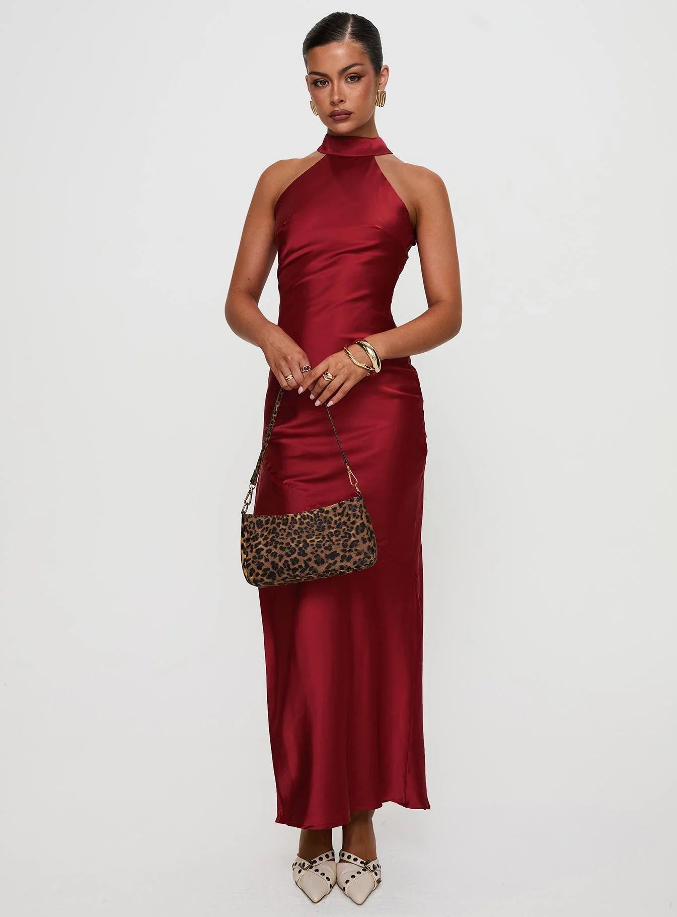 Burgundy Satin Halter Neck Tie Back Bodycon Maxi Evening Dresses