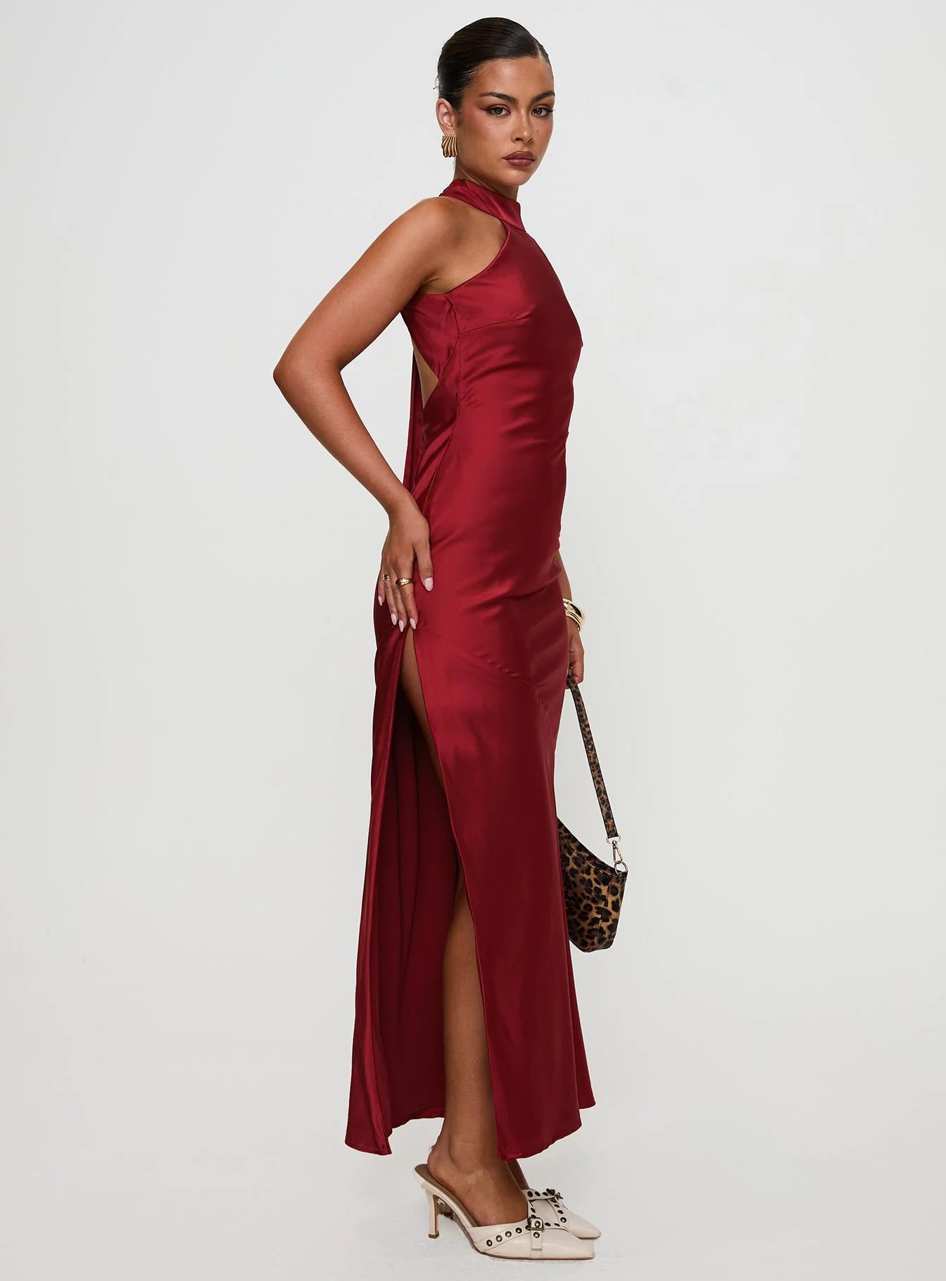 Burgundy Satin Halter Neck Tie Back Bodycon Maxi Evening Dresses