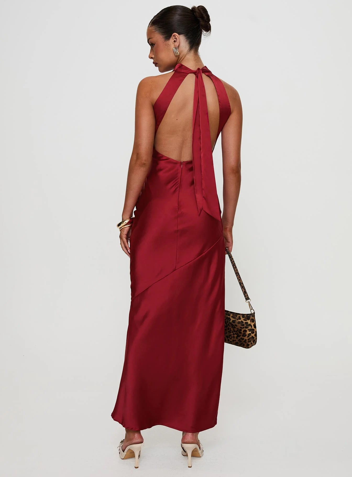 Burgundy Satin Halter Neck Tie Back Bodycon Maxi Evening Dresses