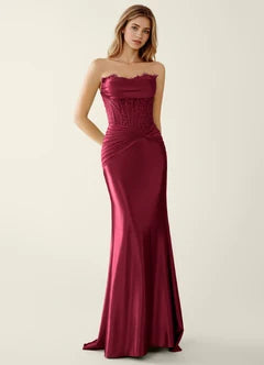 Burgundy Satin Lace Corset Mermaid Evening Dresses