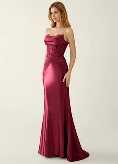 Burgundy Satin Lace Corset Mermaid Evening Dresses