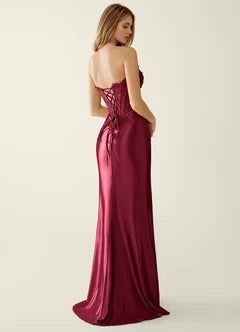 Burgundy Satin Lace Corset Mermaid Evening Dresses