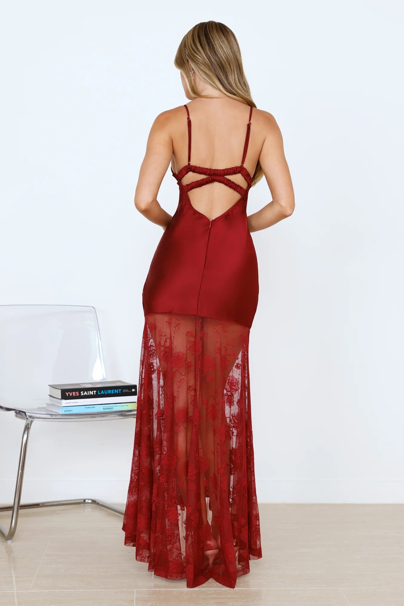 Burgundy Satin Lace Spaghetti Strap High-Low Maxi Evening Dresses