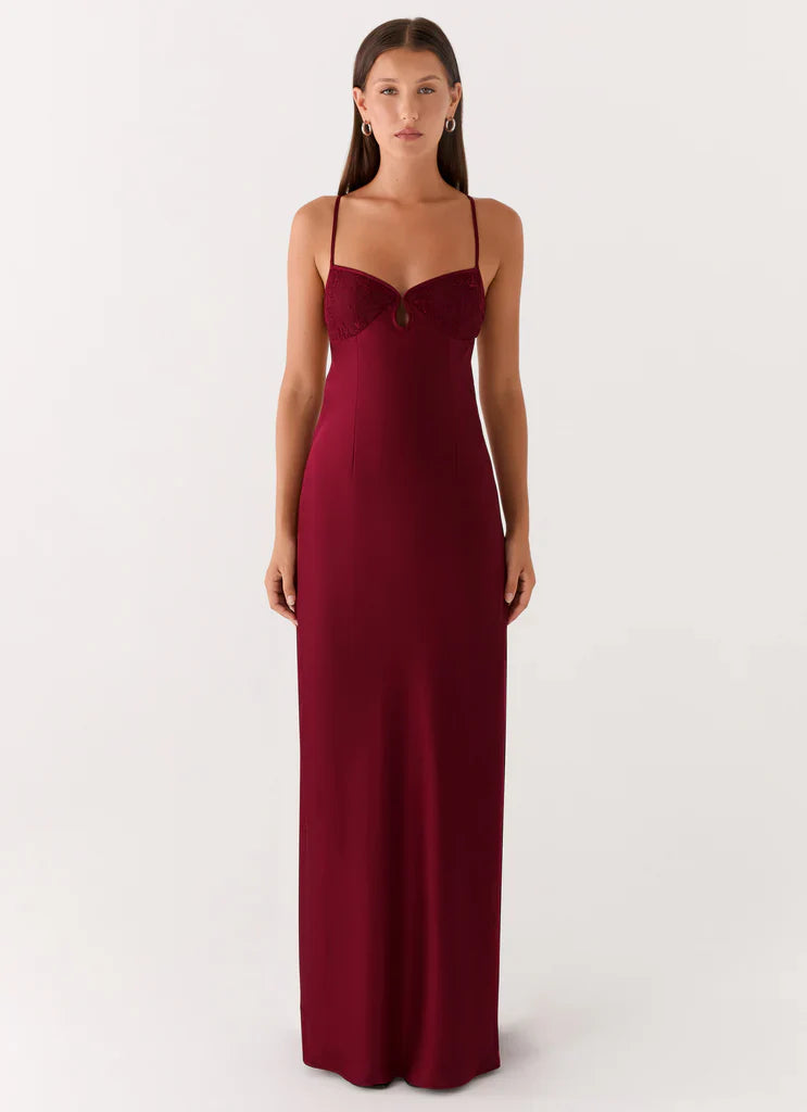 Burgundy Satin Lace Trim Backless Maxi Dress For Elegant Formal Party Events