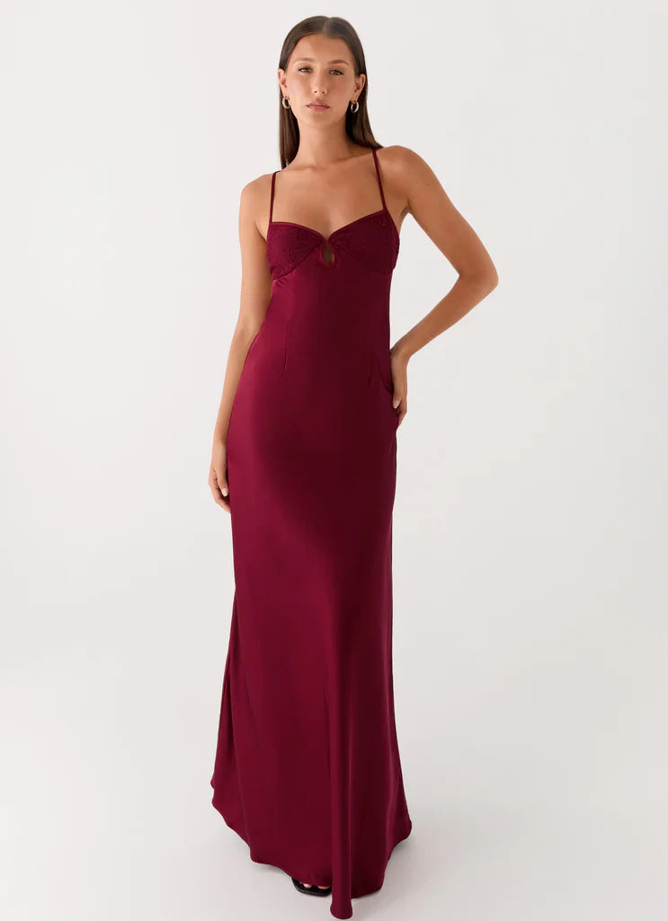 Burgundy Satin Lace Trim Backless Maxi Dress For Elegant Formal Party Events