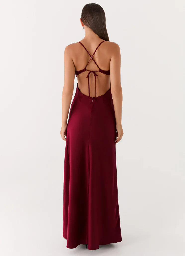 Burgundy Satin Lace Trim Backless Maxi Dress For Elegant Formal Party Events