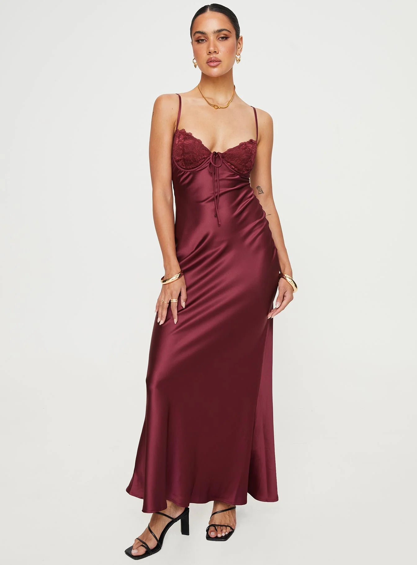 Burgundy Satin Lace Trim Open Back Bodycon Maxi Evening Dresses