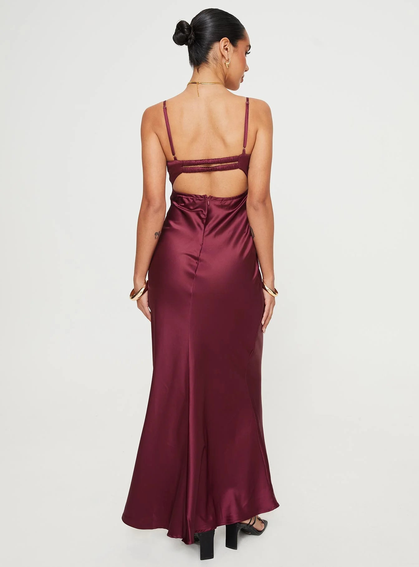 Burgundy Satin Lace Trim Open Back Bodycon Maxi Evening Dresses