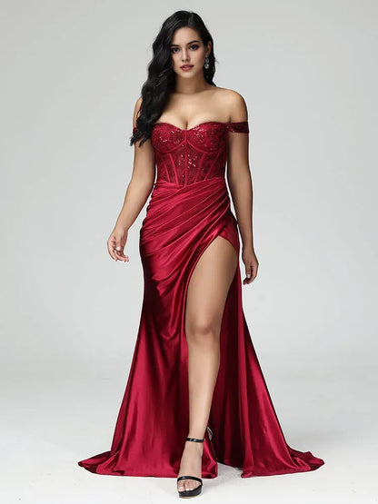 Burgundy Satin Off - Shoulder Mermaid Strapless Prom Dress with Sequin Lace Corset Bodice Ruched Skirt and High Side Slit