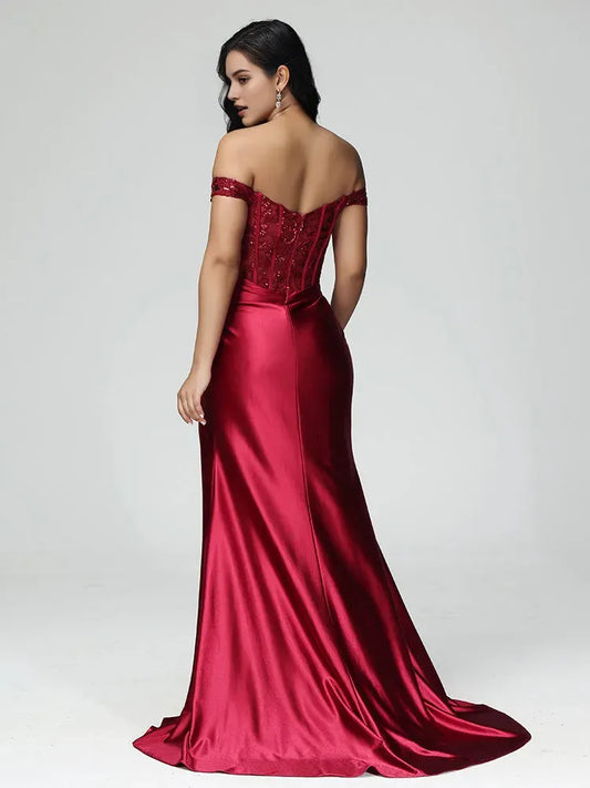 Burgundy Satin Off - Shoulder Mermaid Strapless Prom Dress with Sequin Lace Corset Bodice Ruched Skirt and High Side Slit