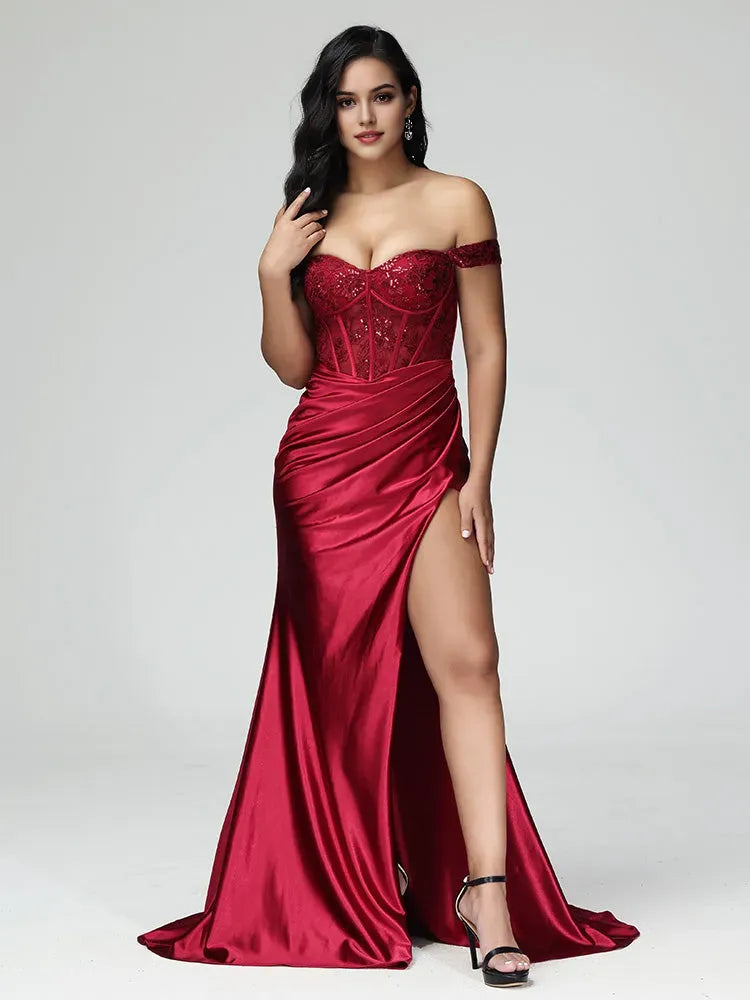 Burgundy Satin Off - Shoulder Mermaid Strapless Prom Dress with Sequin Lace Corset Bodice Ruched Skirt and High Side Slit