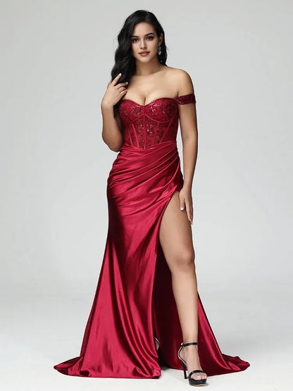 Burgundy Satin Off - Shoulder Mermaid Strapless Prom Dress with Sequin Lace Corset Bodice Ruched Skirt and High Side Slit