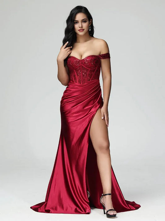 Burgundy Satin Off - Shoulder Mermaid Strapless Prom Dress with Sequin Lace Corset Bodice Ruched Skirt and High Side Slit