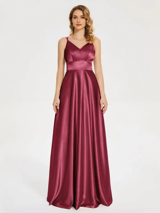Burgundy Satin One - Shoulder Spaghetti Straps Soft Satin Prom Dress with V - Neckline Waist  Defining Band Flowy A - Line Skirt