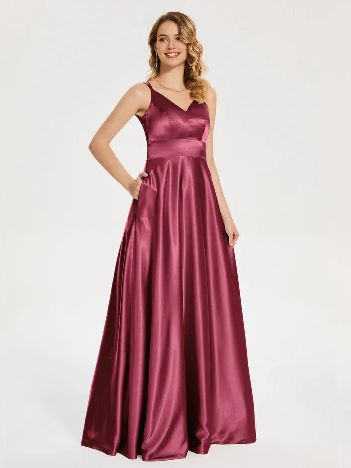 Burgundy Satin One - Shoulder Spaghetti Straps Soft Satin Prom Dress with V - Neckline Waist  Defining Band Flowy A - Line Skirt