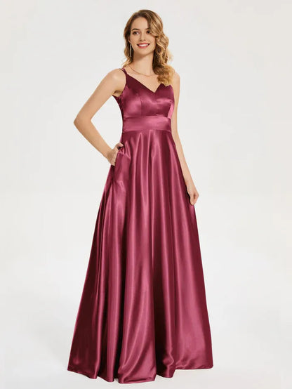 Burgundy Satin One - Shoulder Spaghetti Straps Soft Satin Prom Dress with V - Neckline Waist  Defining Band Flowy A - Line Skirt