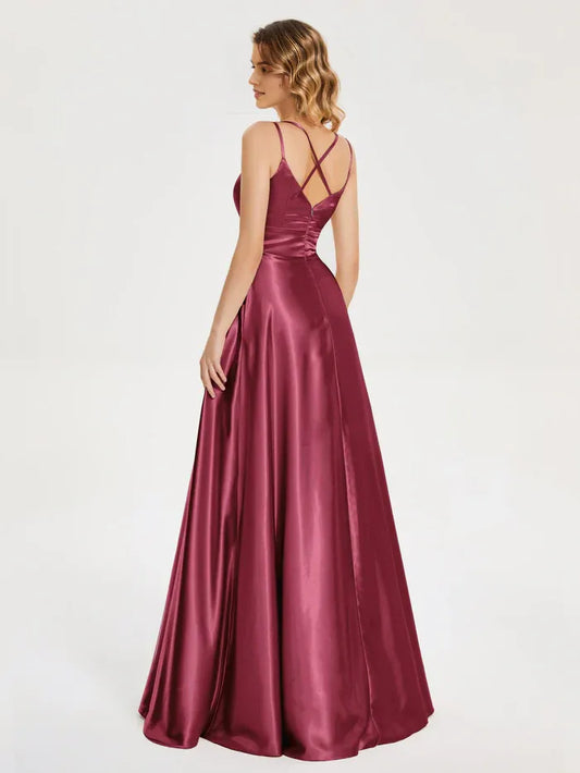 Burgundy Satin One - Shoulder Spaghetti Straps Soft Satin Prom Dress with V - Neckline Waist  Defining Band Flowy A - Line Skirt