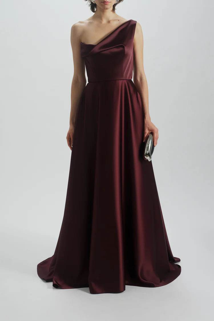Burgundy Satin One Shoulder Draped Maxi Evening Dresses