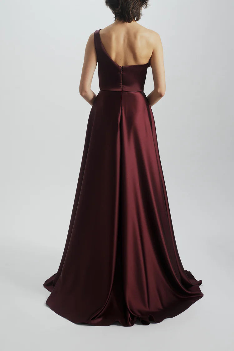 Burgundy Satin One Shoulder Draped Maxi Evening Dresses