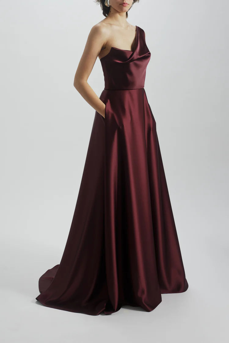Burgundy Satin One Shoulder Draped Maxi Evening Dresses