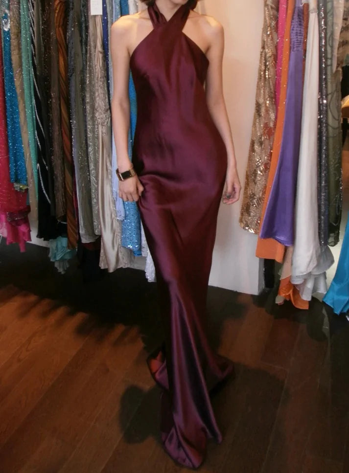 Burgundy Satin Self-Tie Halter Neck Backless Bodycon Maxi Evening Dresses
