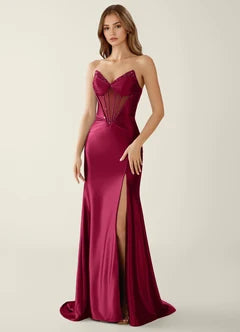 Burgundy Satin Strapless Corset Mermaid Evening Dresses