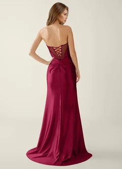 Burgundy Satin Strapless Corset Mermaid Evening Dresses