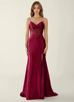 Burgundy Satin Strapless Corset Mermaid Evening Dresses