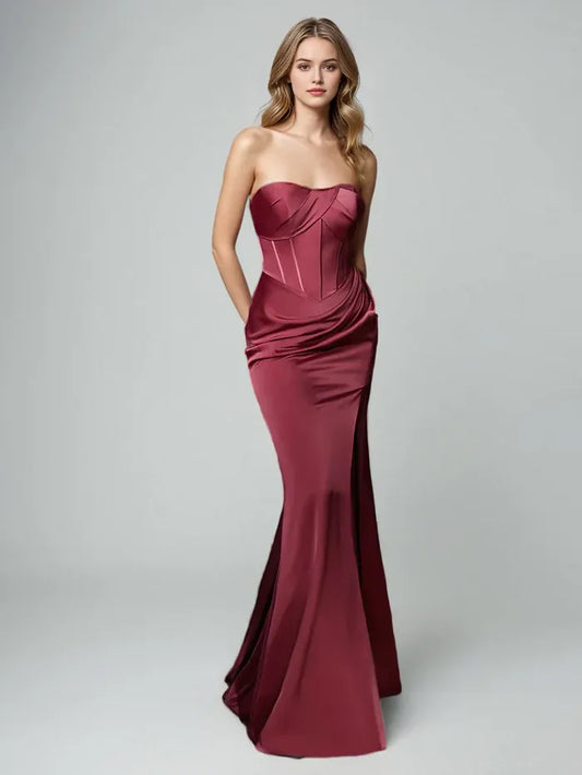 Burgundy Satin Strapless Prom Dresses Sweetheart Trumpet/Mermaid Lace Bodice Maxi  With Slit
