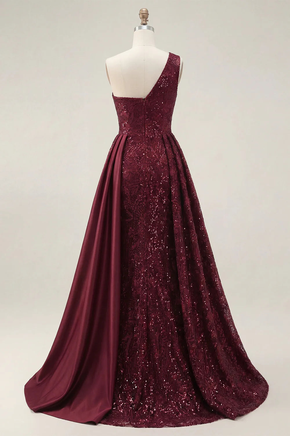 Burgundy Sequin One-Shoulder Sash Mermaid Evening Dresses with Slit