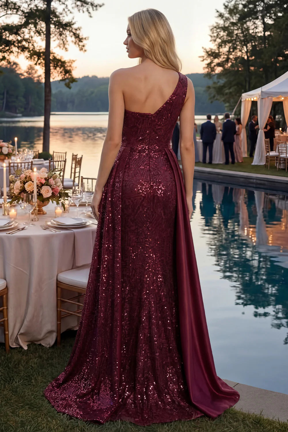 Burgundy Sequin One-Shoulder Sash Mermaid Evening Dresses with Slit