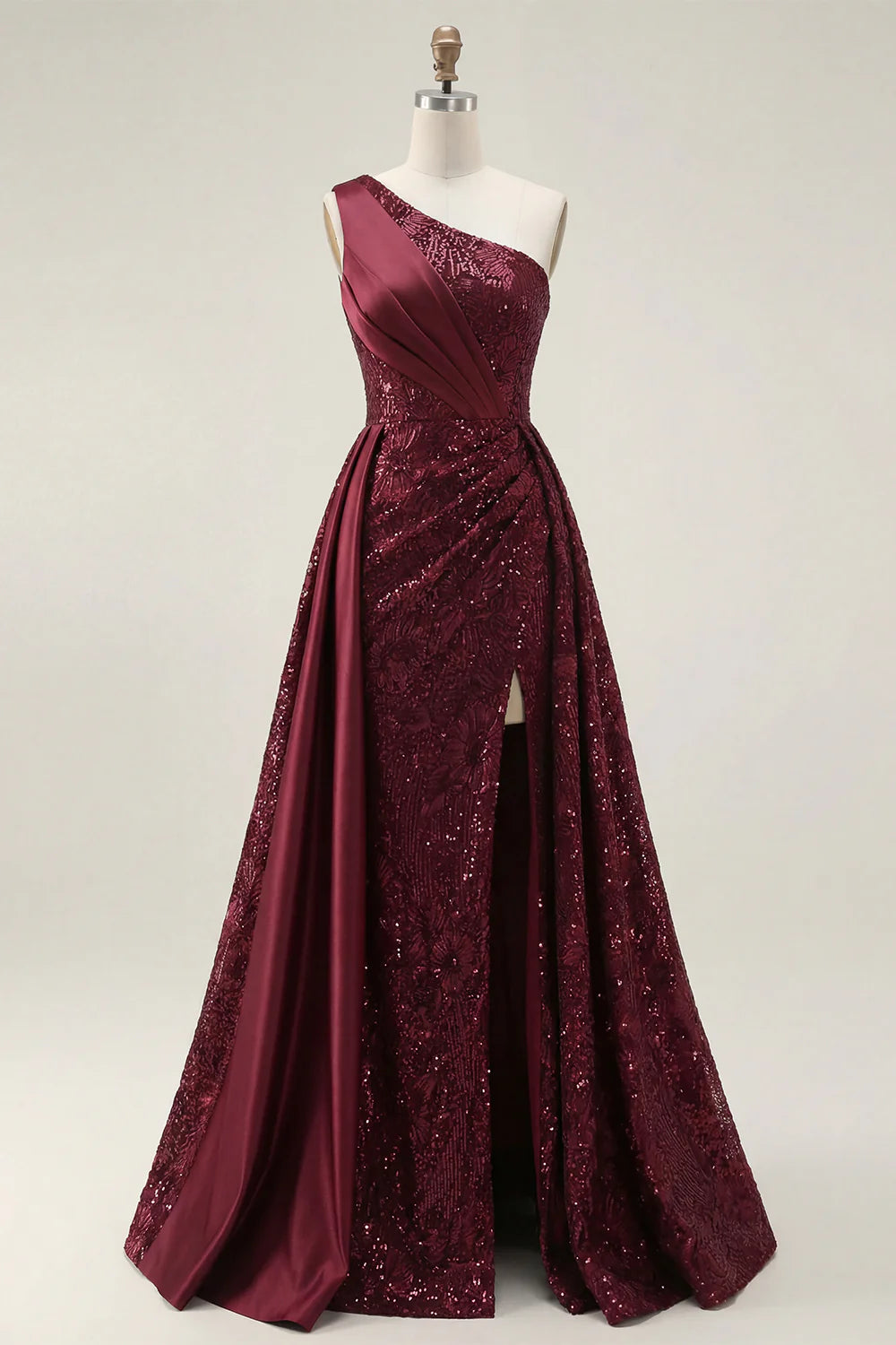 Burgundy Sequin One-Shoulder Sash Mermaid Evening Dresses with Slit
