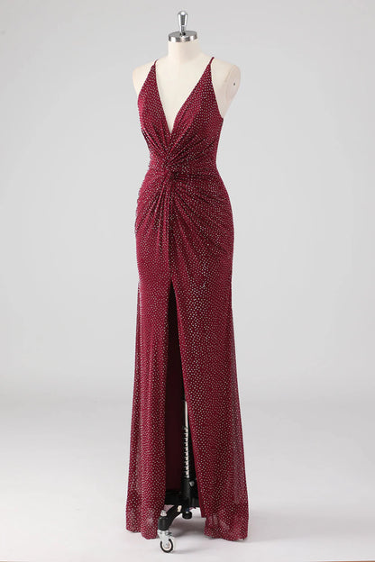 Burgundy Sheath V-Neck Pleated Backless Beaded Long Formal Dress with Slit