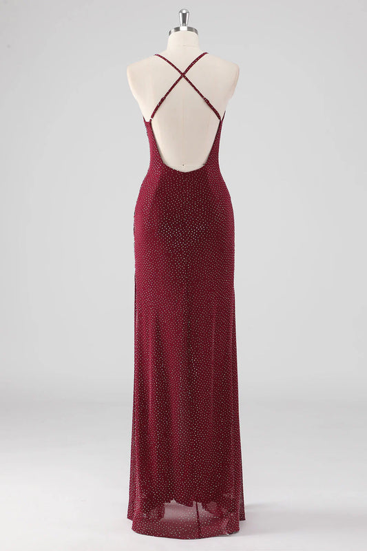 Burgundy Sheath V-Neck Pleated Backless Beaded Long Formal Dress with Slit
