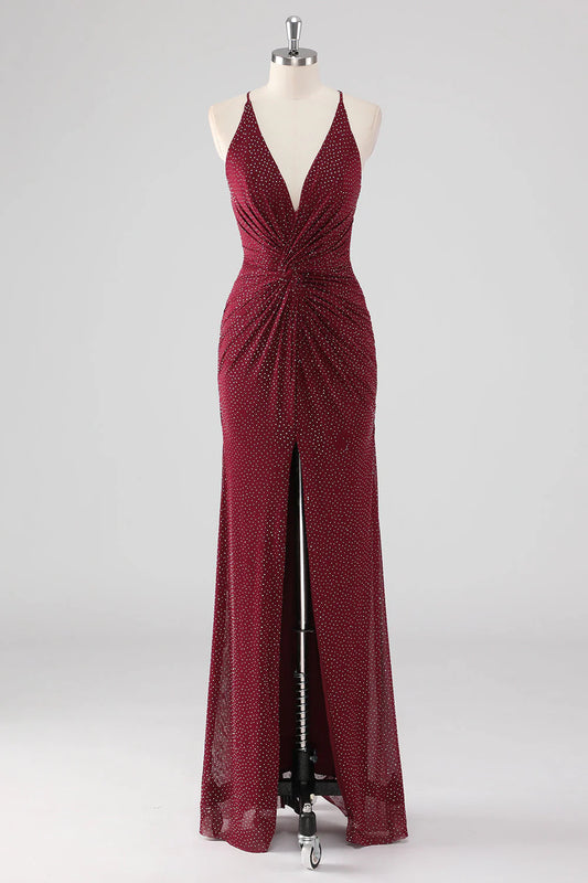 Burgundy Sheath V-Neck Pleated Backless Beaded Long Formal Dress with Slit