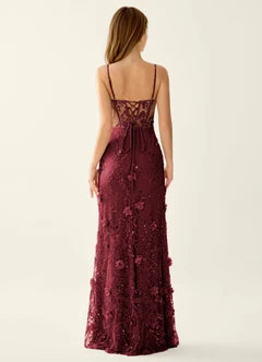 Burgundy Sheer Lace 3D Floral Mermaid Maxi Evening Dresses