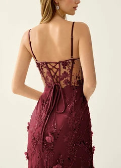 Burgundy Sheer Lace 3D Floral Mermaid Maxi Evening Dresses