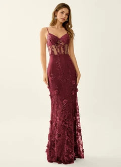 Burgundy Sheer Lace 3D Floral Mermaid Maxi Evening Dresses
